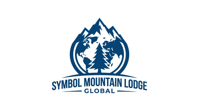 Blue mountain lodge logo with globe and peaks.
