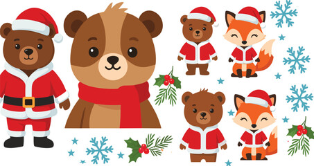 Fototapeta premium Cute Christmas Bear and Fox Character Collection in Santa Outfits Winter Holiday Cartoon Animal Vector Illustration Set