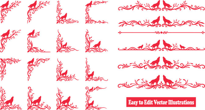 Set of decorative corner and divider elements with howling wolf silhouettes and floral ornaments