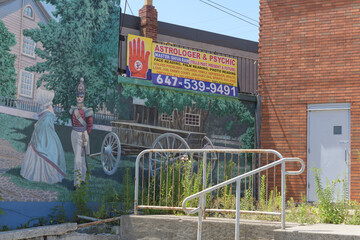 Obraz premium sign for Astro Shiva (2502 Kingston Rd) with mural, “Half Way House” (1990) by John Hood, Scarborough, Toronto