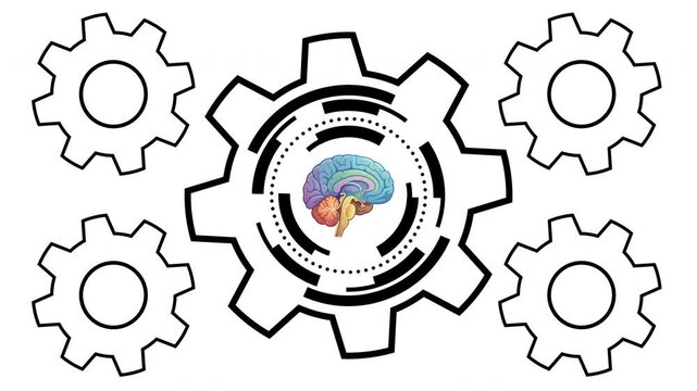 Animated line art gears rotating with a futuristic HUD interface and a human brain in the center on a clean white background representing cognitive thinking, neuroscience, and artificial intelligence