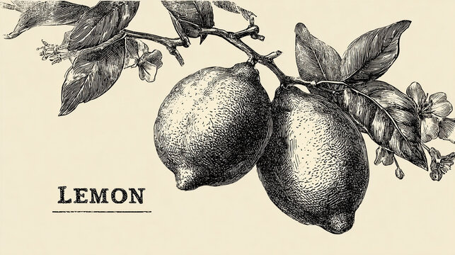 Detailed vintage engraving style illustration of lemon fruit branch.