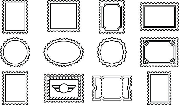 Postage Stamp Frame Template Collection Featuring Vintage Postal Borders Perforated Labels Ticket Shapes Certificate Frames and Blank Outline Design Elements