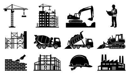 Construction site building development workers crane excavator and scaffolding silhouette vector set © Jahangir