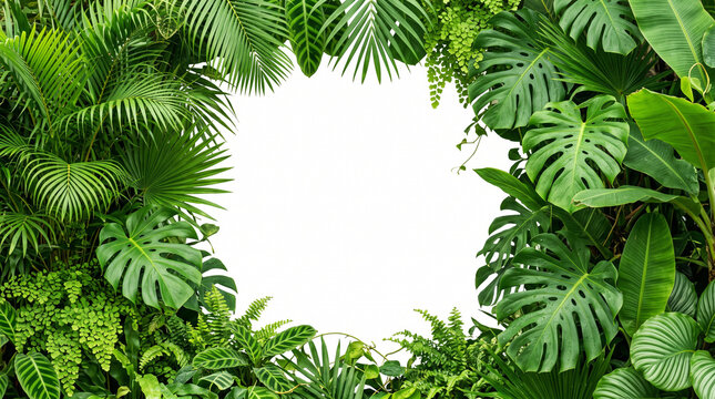 Lush tropical green leaves forming a natural circular frame with a white copy space center