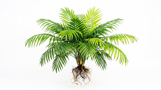 Small green palm plant with exposed roots isolated on a clean white studio background