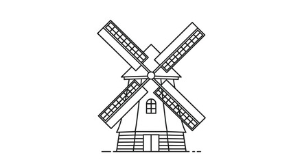Obraz premium Clean line drawing of a traditional tall wooden windmill with large sails on a simple white background for energy.