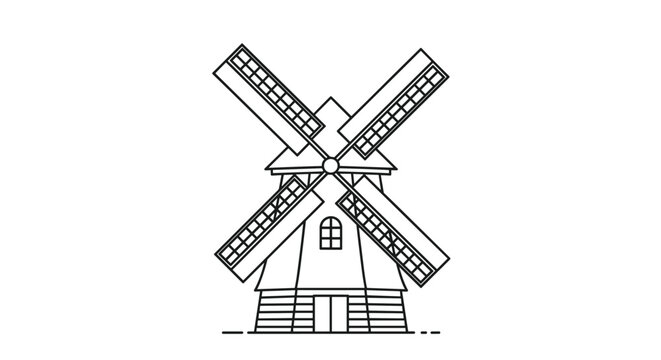 Clean line drawing of a traditional tall wooden windmill with large sails on a simple white background for energy.
