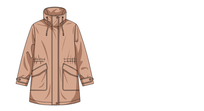 Technical drawing of a beige winter parka jacket with a high collar, drawstring hood, and large pockets on white.