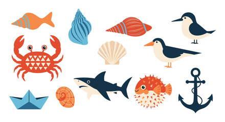 Fototapeta premium Comprehensive collection of sea life illustrations including a crab, shark, pufferfish, shells, and an anchor.