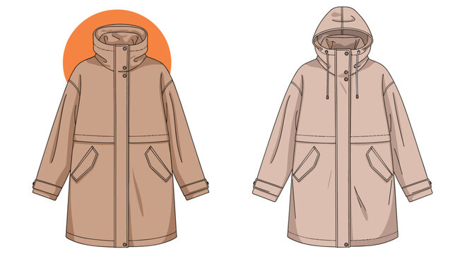 Women beige parka jackets collection includes a high-collar version and a hooded design for stylish outdoor winter weather protection.