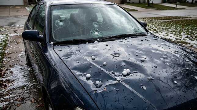Severe hail damage on car hood after heavy storm with hailstone automotive exterior transportation disaster aftermath condition