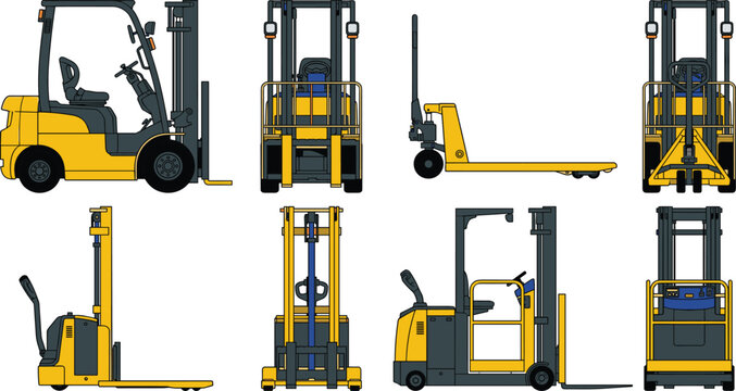 Warehouse Forklift and Pallet Truck Vector Set with Multiple Orthographic Equipment Views for Logistics
