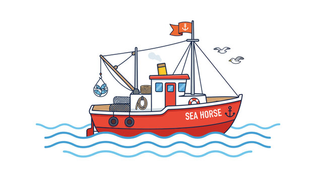Red fishing boat trawler named Sea Horse on waves.