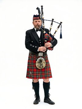 Traditional Scottish bagpiper in highland dress playing music isolated on white