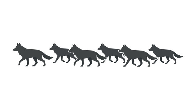 Pack of wolves running in a row silhouette illustration.