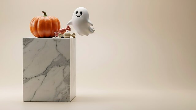 A small decorative orange pumpkin and a cute white ghost figurine placed on a grey marble pedestal against a neutral beige background studio