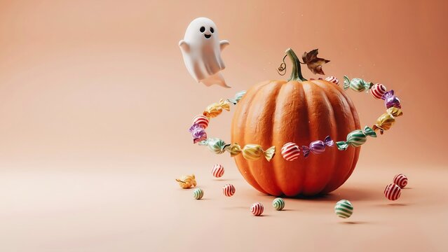 A cute small ghost figurine floating next to a fresh orange pumpkin surrounded by colorful candy balls on a soft light brown background