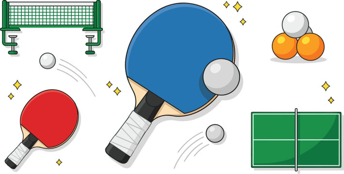 Table tennis vector set featuring blue and red ping pong paddles, net, balls, and green court table top for sports game, recreation, and tournament design. (25 words)