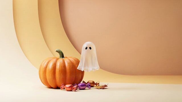 A cute small white ghost figurine standing next to a bright orange pumpkin and colorful candies on a soft beige studio background