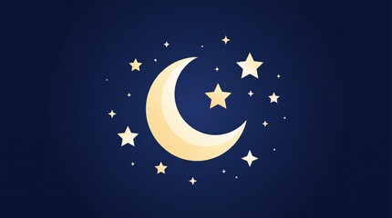 Naklejka premium Minimalist crescent moon and glowing stars in dark night sky illustration with crescent