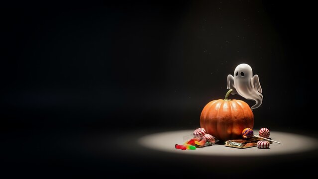 A cute small white ghost figurine sitting on top of a festive orange pumpkin surrounded by scattered autumn leaves on a black background