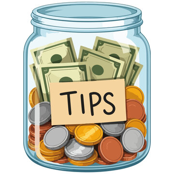 Tips Jar with Coins and Dollar Bills Cartoon Vector Illustration