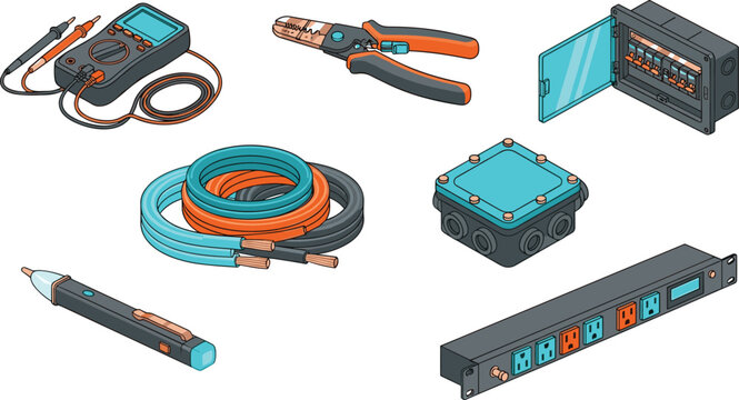 Isometric vector illustration set of professional electrical tools equipment and components for industrial and home wiring