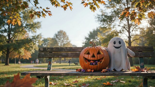 A cute carved jack o lantern pumpkin and a friendly ghost decoration sitting together on a wooden park bench during a sunny autumn day