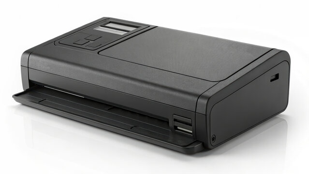 A portable printer with a USB port and card reader is ready for use. The compact black device is designed for mobile printing needs