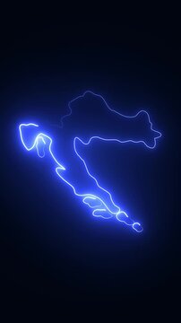 Glowing neon map of croatia outline animation on dark background