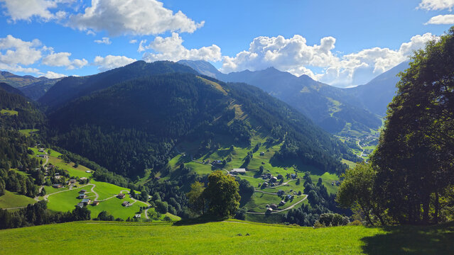 Mountain landscape with scattered houses near Beaufort, Savoie, France, Europe.