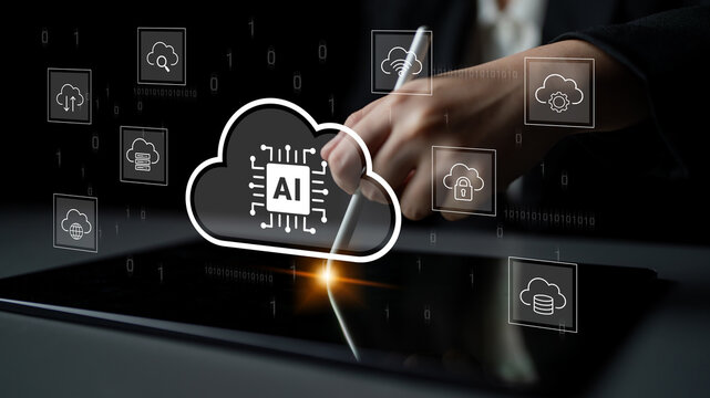 A digital tablet displays a cloud computing concept with AI symbols, highlighting innovation and modern technology in a professional business setting. Cyphers