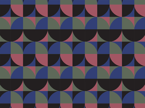 Retro seamless geometric pattern featuring repeating semicircle and quarter-circle shapes arranged in a structured grid. Stylish abstract background in muted blue, green, pink and black tones.