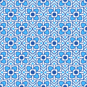 Seamless geometric floral tile pattern elegant blue ornamental shapes. Modern ornate floral mosaic white background abstract ethnic retro tribal motifs, abstract ethnic retro tribal motifs, vector