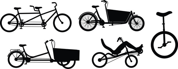 Alternative Bicycle and Eco Friendly Transportation Silhouette Icon Set Featuring Tandem Bike Cargo Bicycle Recumbent Trike and Unicycle Symbols for Urban Mobility Designs © Himu 