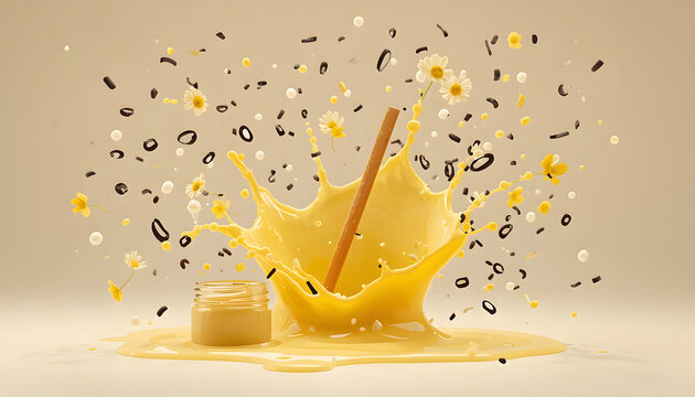 Golden liquid splash with black and yellow particles exploding. High-speed food ingredient burst captured in 3D digital render for culinary adverti...