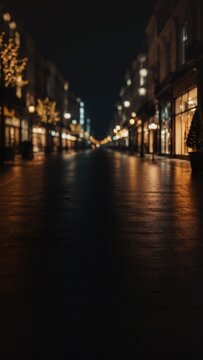 Empty city street with bokeh lights on wet pavement