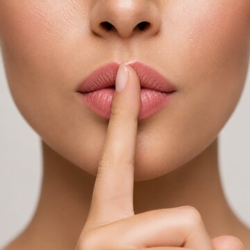 Close up portrait of woman making a shh gesture