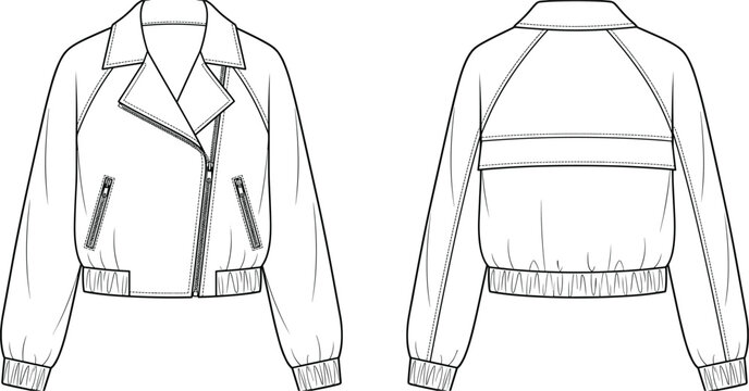 MobileFront and back view technical flat sketch of biker jacket bomber fashion vector illustration template