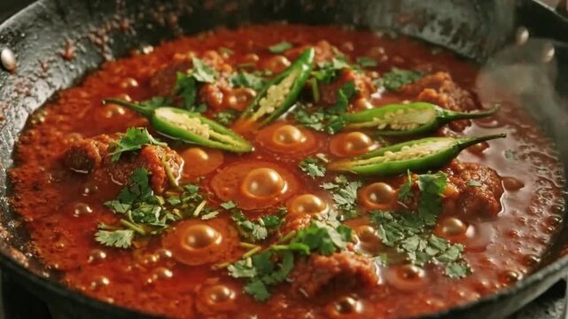 Pakistani Karahi Gosht Simmering in an Iron Wok, Red
