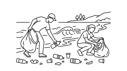 Obraz premium Sleek Black and White Line Drawing of Two People Cleaning Up Urban Litter Along a Riverbank with high quality professional line art symbols for modern creative design and digital branding projects