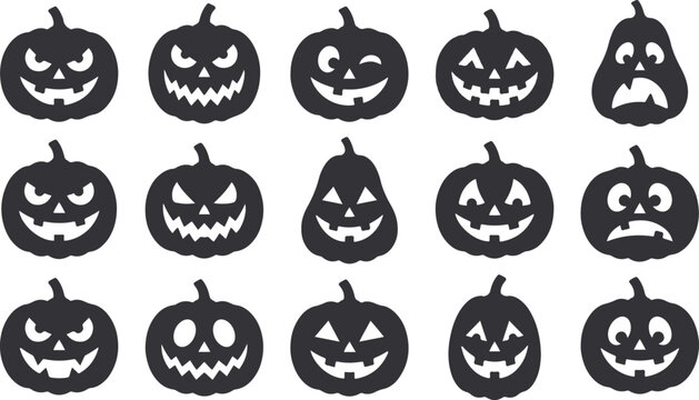 Set of halloween jack-o-lantern pumpkin silhouettes with different scary and funny expressions halloween silhouette jackolantern expression decoration collection