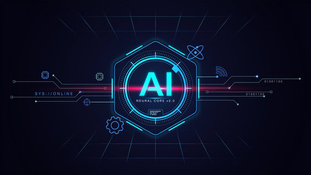 Artificial intelligence logo with digital circuit lines and futuristic hexagonal frame on dark background