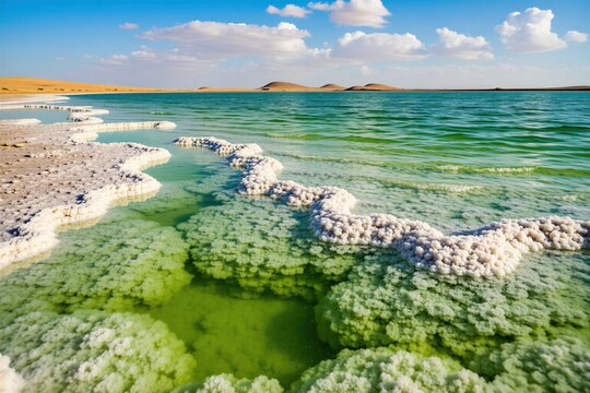 Emerald green salt lake in Siwa Oasis Egypt. White mineral salt crystals line shore of crystal clear water pond in desert landscape under blue sky. Scenic view of wild nature horizon with dunes