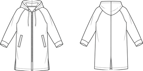 MobileWomen long full zip hoodie parka jacket technical flat sketch vector illustration front and back view CAD template © MdSumon