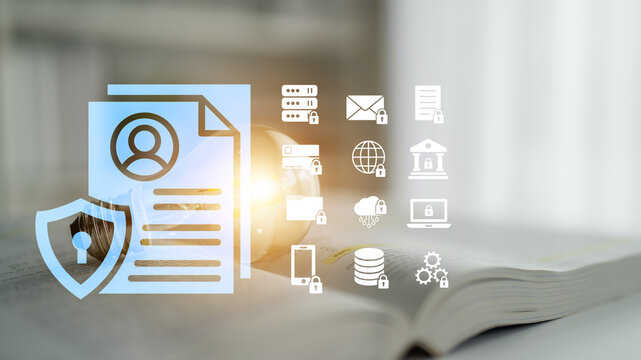 Conceptual illustration of data privacy and security featuring documents, icons, and a light source on an open book representing technology and information management. Glyphic.