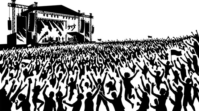 Music festival crowd silhouette vector, outdoor concert stage with cheering fans, black and white live performance event illustration