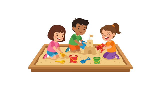 Three children playing together in a sandbox with toys