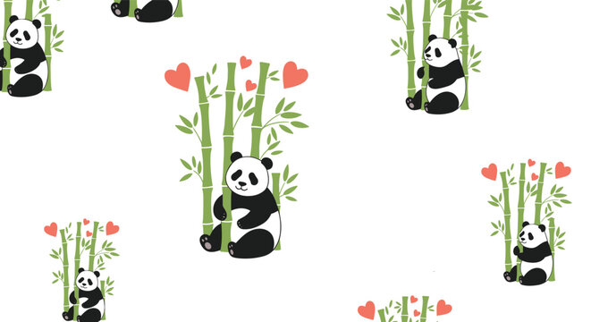 Seamless pattern of cute cartoon panda bears climbing and sitting on green bamboo stems with red hearts.